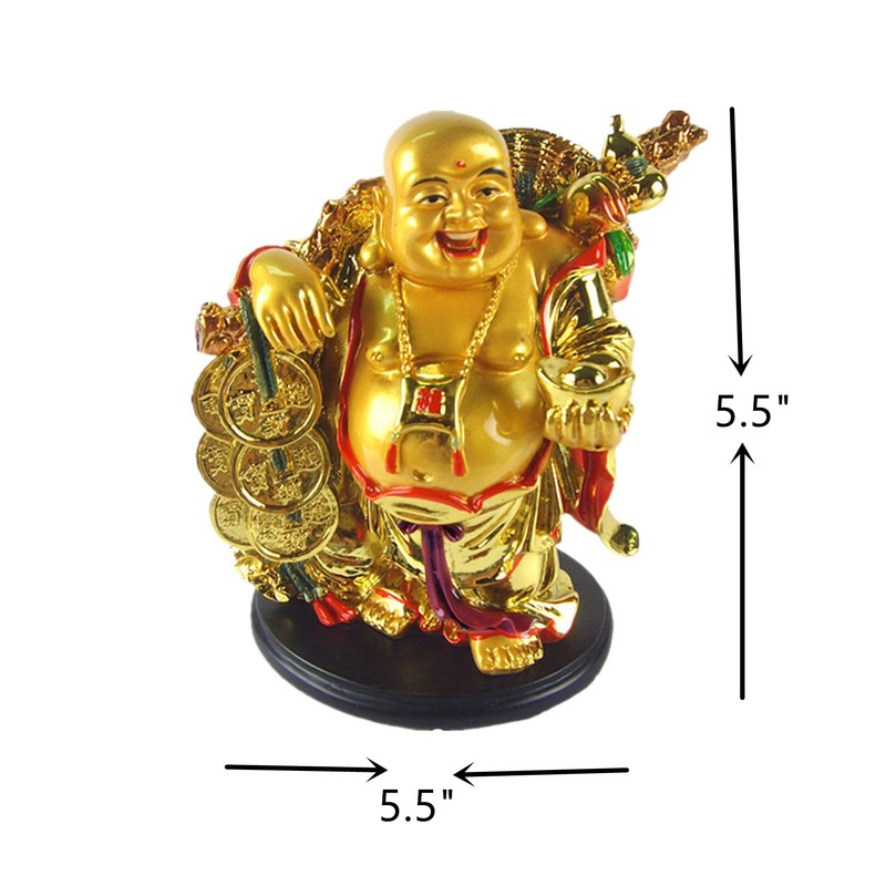 Betterdecor 5.5" Feng Shui Golden Laughing Happy Buddha Statue Holding