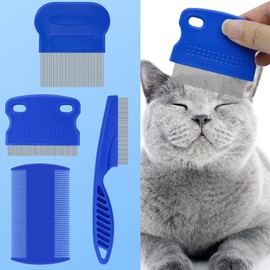 FUYIHGL 4-in-1 Pet Comb Set: Flea Lice Comb for Cats & Dogs, 4 Styles, All Hair Types, Blue