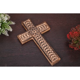 Samhita Mango Wood Wall Cross, Jesus Christ Floral Carving Family Cross Decor,Home Decoration (25.4cm x 15.24cm x 1.27cm)