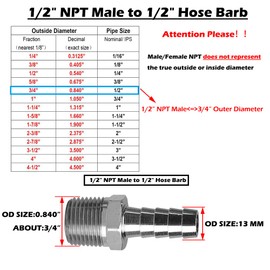 Beduan Stainless Steel 1/2" Hose Barb to 1/2" Male NPT Home Brew Fitting Water Fuel Air (Pack of 2)