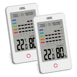 ADE Digital Hygrometer Indoor with Mould Alarm | Moisture Meter with Thermometer | Temperature and Humidity Meter | Large LCD Display | Double Pack | White