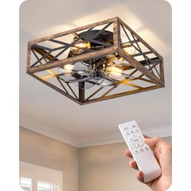 EDISHINE Caged Ceiling Fans with Lights Flush Mount, Rustic Square Low Profile Enclosed Fan Ceiling with Remote, 2/4 H Timer, Reversible 6 Speed, Farmhouse Small Fan for Bedroom, Kitchen, Dining Room