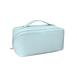Travel Makeup Bag,Large Capacity PU Waterproof Storage Makeup Bag,Open Flat Toiletry Bag Makeup Organizer,Travel Storage Bag Skin Care Cosmetics Toiletries (A-Blue)
