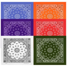 Large Bandanas 27 x 27 | Versatile Biker Rags | Classic Paisley Bandana Pattern,6 Pack,White/Purple/B.Jean/Orange/Red/Olive