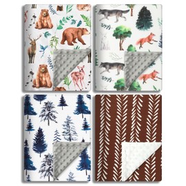 4 Pack Soft Woodland Baby Blankets（30“X40 for Unisex Girls or Boys Breathable Gender Neutral Nursery Double Layer Blankets with Dotted Backing and Animals Printed for Newborn Toddlers (Animal Print)