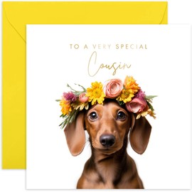 Old English Co. Red Daschund Dog Very Special Cousin Card - Red Daschund Puppy Floral Cute Birthday Card for Her - Cute Well Done Congratulations Cards for Cousin from Family Friends
