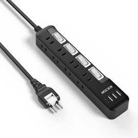 Mscien Mscien Power Strip with USB, 8 AC Outlets, 1 USB - c, 3 x USB-a, Extension Cord, 6.6 ft (2 m), Lightning Guard, Outlet Tap, Oa Tap, Switch Included, Wall Hanging, Octopus, Table, Multi-Tap, Swing Plug, Black (6.6 ft (2 m)