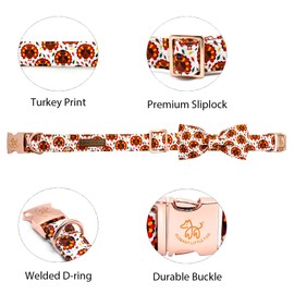 Elegant Little Tail Turkey Print Thanksgiving Dog Collar, Large, Cotton, Handmade Bow, Perfect for Large Dogs