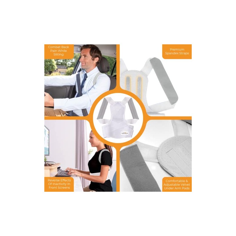 LyfeFocus S1 Posture Corrector Back Brace, White, Medium