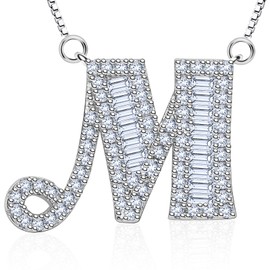B.Catcher Women Necklaces Cubic Zirconia Jewellery, Initial Pendant S925 Sterling Silver Alphabet Necklace(Letter M)