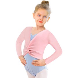 DANSHOW Girls Ballet Wrap Tops Kids Dance Cardigans, Velvet Inner Dance Sweater(824-08-M) Pink