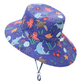 Durio Sun Hat Baby UV Hat Children with Wide Brim Summer Hat Adjustable Foldable with Ties and Neck Protection, blue seabed