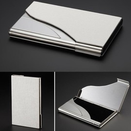 ToBeIT Metal Business Card Case PU Leather and Stainless Steel Business Card Holder for Men and Women, White
