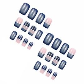 MERVF Square Press on Nails Medium Fake Nails Blue French Tip Glue ons Glitter Design Squoval Leaf Acrylic DIY Nail Supplies Art Manicure 24pcs Glossy