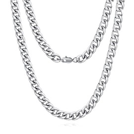 FOSIR Cuban Necklace 5/7/9 mm Stainless Steel Silver Men's Curb Chain Necklace Men Boys Hip Hop Chain Silver Gold Size 46-75 cm, Stainless Steel