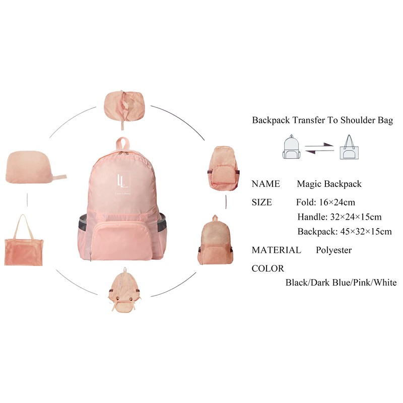 Lin's Liliana Large Foldable Backpack Bag, Multifunctional School Bag, Convertible
