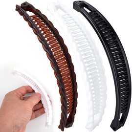 Winsyison 3pcs Banana Hair Clips, Non-Slip Large Hairstyle Claws for Women, Vintage 90 Style Double Combs Hairpin Accessories for Thick Thin Fine Curly Straight Long Hair- White & Black & Coffee