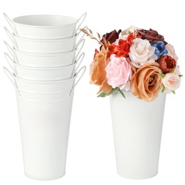 6 cubos de flores blancas, jarrones de metal galvanizado, florero de 9.8 pulgadas con asas, cubeta de flores francés, jarrones rústicos para decoración del hogar, mesa de boda