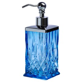 ZIVQEXMURL 10Oz Diamond Grid Pattern Blue Glass Soap Dispenser with Rust Proof Stainless Steel Pump,Refillable Hand Soap Dispenser for Bathroom & Kitchen Hand Soap,Lotion,Body Wash(Square)