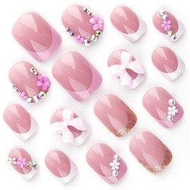 24Pcs Pink Press on Nails Short Square Fake Nails with 3D Charm Bow Pearl Flower Design White French Tips Acrylic Nails False Nail Summer Luxury Nude Stick on Nail for Women Girls Daily Wear