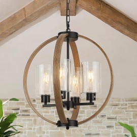 QianZhan Farmhouse Chandelier Light Fixture, 18in Rustic Dining Room Chandeliers with Glass Shade 4-Light Globe Lighting Fixtures Retro Pendant Lamp for Kitchen Island Entrance Living Room