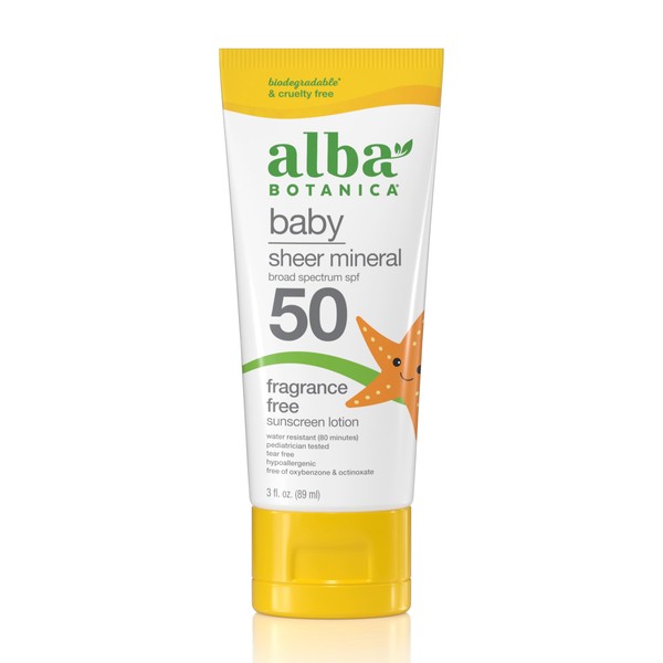 Alba Botanica Baby Sunscreen for Face and Body, Sheer Mineral Sunscreen Lotion, Broad Spectrum SPF 50, Water Resistant and Fragrance-Free, 3 fl. oz. Tube