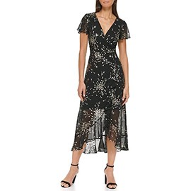 KENSIE Women's Short Flutter Sleeve Faux Wrap Midi Dress, Black/Gold, 10