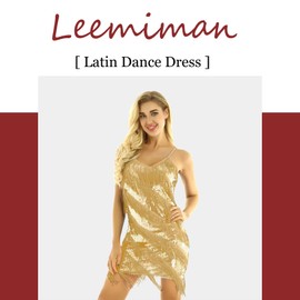 Leemiman Women Latin Dance Dress Salsa Sequin Tassel Fringe Dress 1920s Cocktail Dress Flapper Tango Ballroom Dancing Costume Gold
