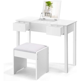 LDAILY Vanity Table Set w/Flip Top Mirror, 2-in-1 Design Dressing Table with Cushioned Stool & 2 Drawers, Great Gift Makeup Desk for Girls Women (White)