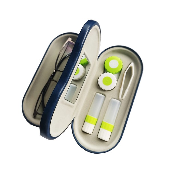 MUDOR 2 en 1 estuche para lentes de contacto, kit de viaje de doble cara, incluye herramienta removedora con pinzas, diseño de doble uso para lentes de contacto y estuche de gafas (azul)