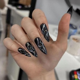 Black Glitter Almond & Stiletto Press-On Nails, 24PCS Glossy Fake Nails with Accessory Tools, Swirl Pattern Tips for DIY Art, Easy Stick-On Manicure for Women