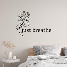 Vinyl Wall Decal Just Breathe Logo Quote Yoga Meditation Room Lotus Flower Pattern Stickers (4253ig) Black