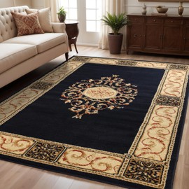 Superior Indoor Runner Rug, Jute Backing, Plush Floral Rugs for Hallway, Kitchen Floors, Office Floor Cover, Medallion Rugs, Elegant Medallion Collection, 6' x 9', Midnight Blue