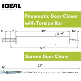 Ideal Security Model 8160 Heavy-Duty Pneumatic Storm Door Closer with Torsion Bar and Wind Chain, 10.5" L x 1.5" W, Adjustable Speed, Secure Closing, Silver