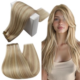 RUNATURE Weft Hair Extensions Human Hair Blonde Highlight Ash Blonde Sew in Weft Hair Extensions Real Hair Blonde Double Weft Hair Extensions Real Human Hair 20 Inch 100 Gram