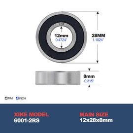 XIKE 6001-2RS Sealed Ball Bearings 12x28x8mm, Bearing Steel｜Pre-Lubricated｜Double Rubber Seals｜6001RS Deep Groove Ball Bearings, Pack of 4.