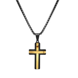 Edforce Stainless Steel Double Layer Cross Pendant Necklace for Men, 24" Box Chain (Black and Gold)