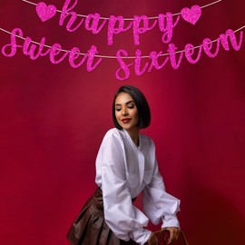 Happy Sweet Sixteen Banner, Pre-Strung Glitter Sweet 16 Party Decorations,16th Party Sign for 16th Birthday Decorations (Hot Pink)
