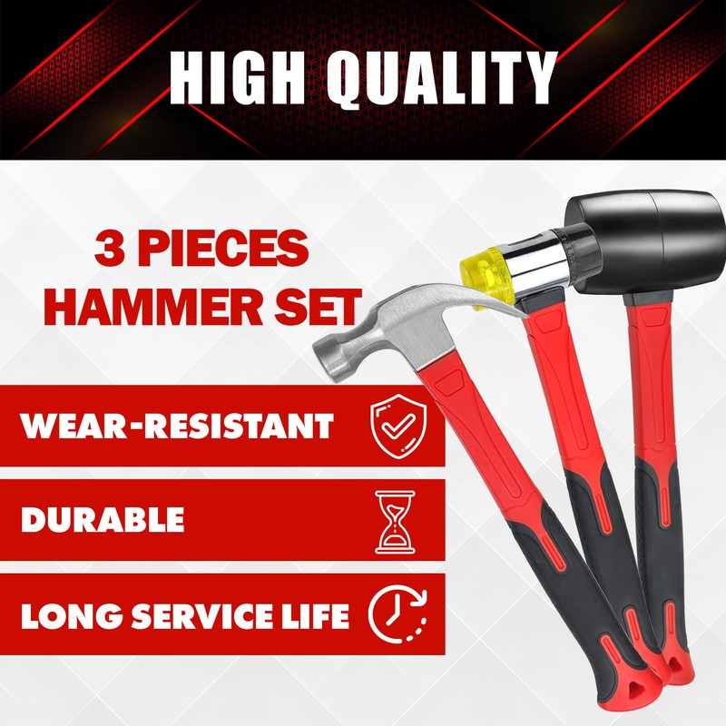 YIYITOOLS 3 Pcs Hammer Set,16oz Rubber Mallet,16oz Claw Hammer and