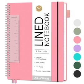 AHGXG Lined Spiral Notebook 8.5" x 11", A4 Large Notebook Journal for Women Men, 110 Numbered Pages College Ruled Notebook, 100 GSM Paper, Waterproof Plastic Cover, for School Work Note Taking, Pink