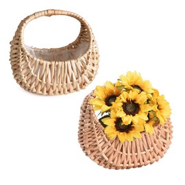 Flower Girl Basket Set of 2 for Weddings, Small Wicker Rattan Flower Basket with Handle and Plastic Liner, Petal Basket Candy Storage Basket, Picnic Basket for Home Wedding Decor Photo Props