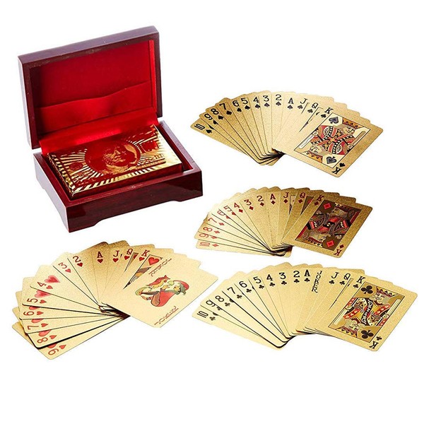 Deck of Poker Playing Cards in 999.9 Gold Foil Plating with Certificate and Mahogany Box, Bridge Size Cards, Playing Cards, Gold, 54 Cards
