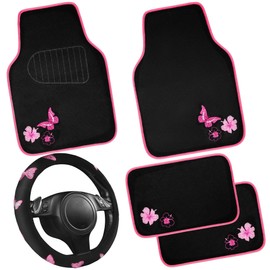 CAR PASS Embroidery Butterfly Steering Wheel Cover and Waterproof Car Floor Mats,Pink Car Mats 14.5-15inch Steering Wheel Covers Universal Fit for Cars, Suvs,Sedans,Van,for Women Girl(Black and Pink)