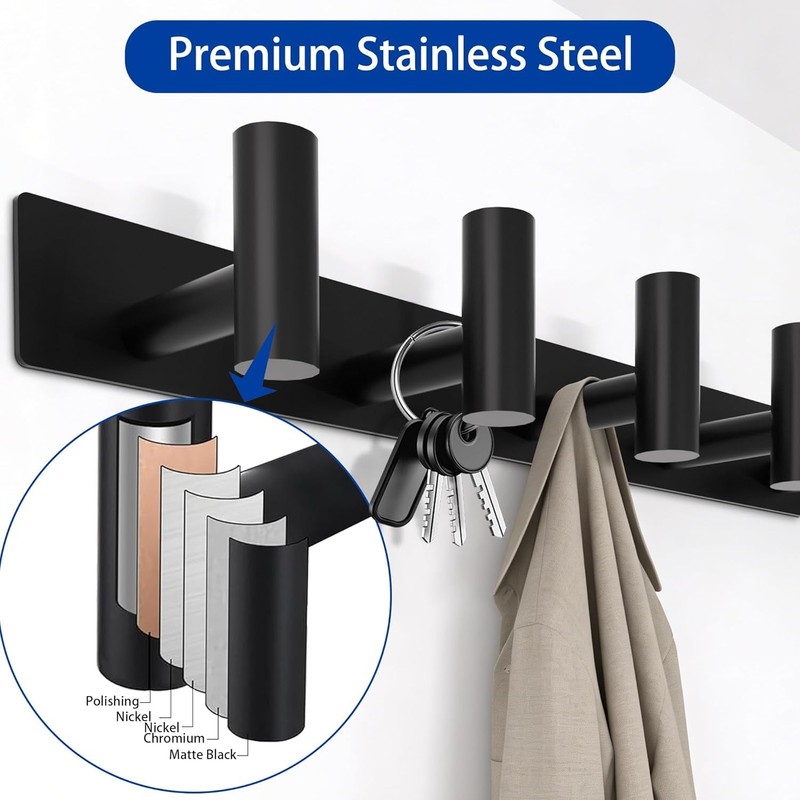 Matte Black Coat Rack Wall Mount - 6 Hooks, Heavy