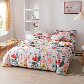 100% Egyptian Cotton Duvet Set, 3 Pieces, Modern Pink Floral Print (Full/Queen)