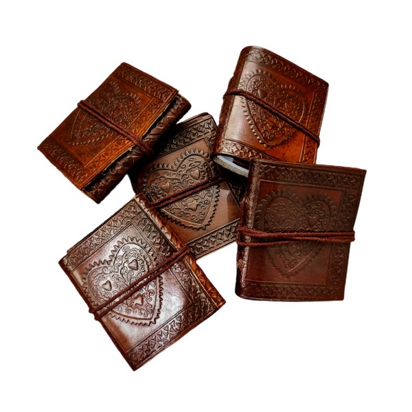 Mini Heart Embossed Single Piece Handmade Brown Tiny Leather Journal,