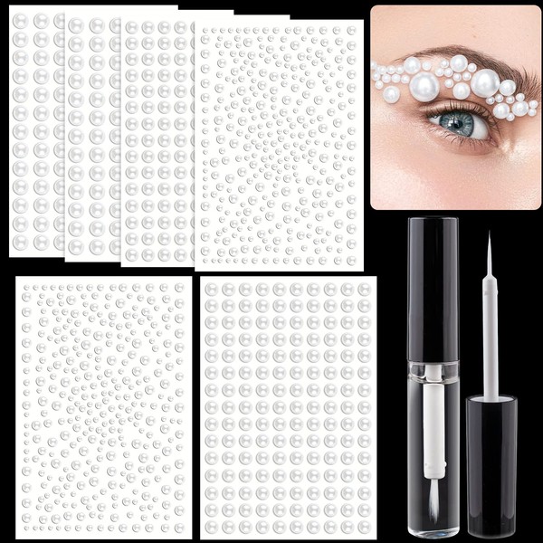 1158 Pcs of Pearl Stickers 3/4/5/6/8/10mm White Half Round Pearls Self Adhesive Face Gems, Stick on Body Crystal Beads with Quick Dry Makeup Glue For Face Eye Hair Nails Make up and DIY Craft
