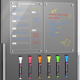 Langaelex Set of 2 Weekly Planners Wipe Clean German Magnetic Board Fridge Acrylic with 6 Chalk Markers for To-Do Lists, Menu Planning and Shopping List - A4 (30 x 20 cm)