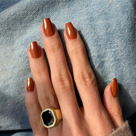 Caramel Press on Nails Medium Coffin Fake Nails Press ons, KXAMELIE Full Cover False Nails Tips Medium Length Glue on Nails Natural Thick Long Acrylic Nails 24Pcs Solid Color Coffin Nails for Women