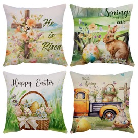 Happy Easter Pillow Covers 22x22 Set of 4 Soft Velvet Spring Throw Pillow Covers Bunny Peeps Floral Eggs Truck Cross Farmhouse Cushion Covers Pillow Cases Home Outdoor Sofa Couch Decoration 22
